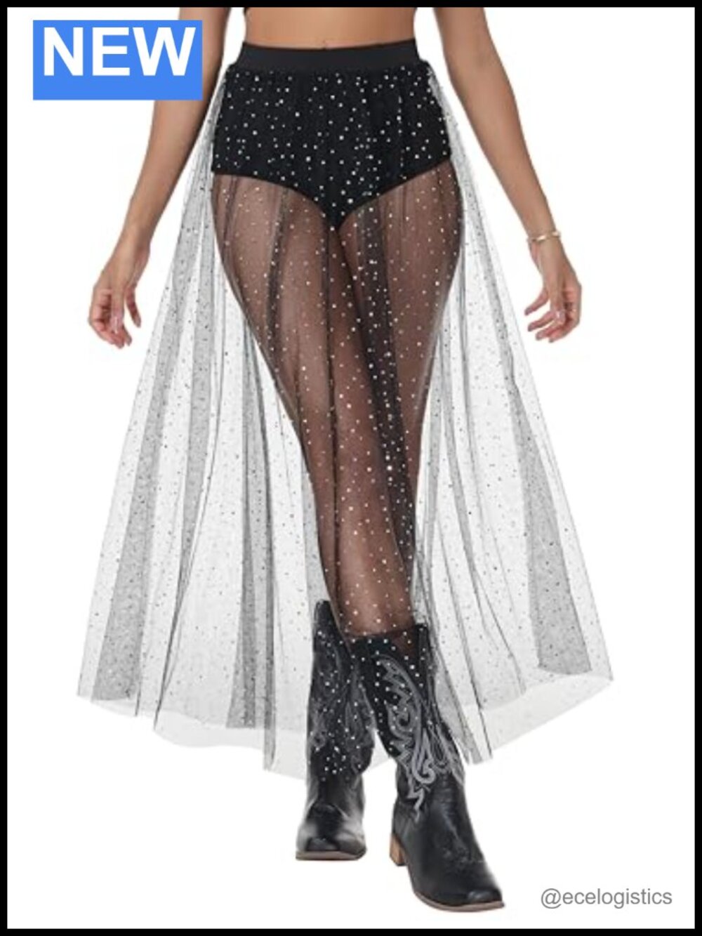 2-in-1 Gothic Skirt High Waist Sheer Flared Midi Festival Foil A-Line